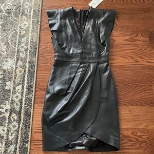 UTERQUE sheep LEATHER flutter mini dress faux wrap deep V neck zip back black S